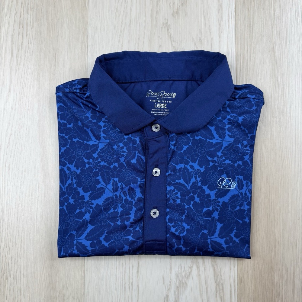 Good Good Golf Mens L Large Blue Floral Performance Short Sleeve Polo Shirt